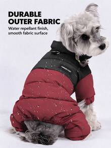 Color Block Dog Four-Legged Winter Coat, Thick Padded Pet Jumpsuit With D-Ring, Windproof Stand Collar Puppy Outfit For Outdoor Walking - Red - View 6