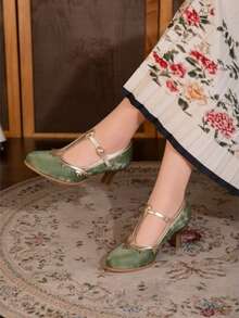 Vintage Green Jacquard T-Strap Gold Trim Round Toe Mary Jane High Heel Pumps - Green - View 5