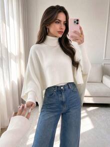 Vuslat Women's Autumn Beige Semi-High Neck Asymmetrical Cape Shawl Knit Top, Suitable For Commuting, Ball, Party, Concert, Christmas, New Year - White - View 5