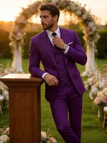 Men's 3 Pieces Suit Set, Solid Color Double-Breasted Vest + Blazer + Trousers, Formal Wedding Party Tuxedo - Purple - View 1