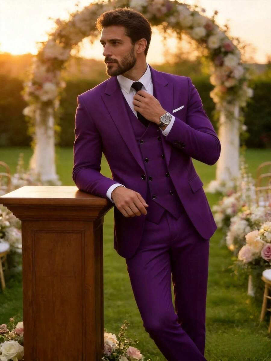 Men's 3 Pieces Suit Set, Solid Color Double-Breasted Vest + Blazer + Trousers, Formal Wedding Party Tuxedo - Purple - View 1