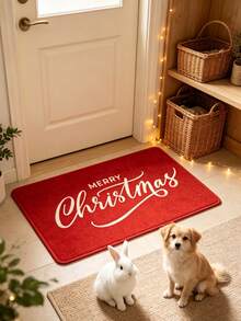 1pc Christmas Solid Red Background Merry Christmas Minimalist Decor Autumn/Winter Plush Rug, Christmas Gift Decorative Rug, Bedroom Decor, Small Rug, Rug, Home Decor, Living Room Rug, Living Room Small Rug, Bedroom Rug, Living Room Home Decor, Outdoor Rug, Washable Rug - Multicolor - View 3