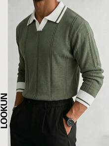Lookun Áo len nam dệt kim cổ polo dáng rộng phong cách tối giản phối màu, mặc đi làm hàng ngày, thu/đông - màu xanh lá - Xem 1