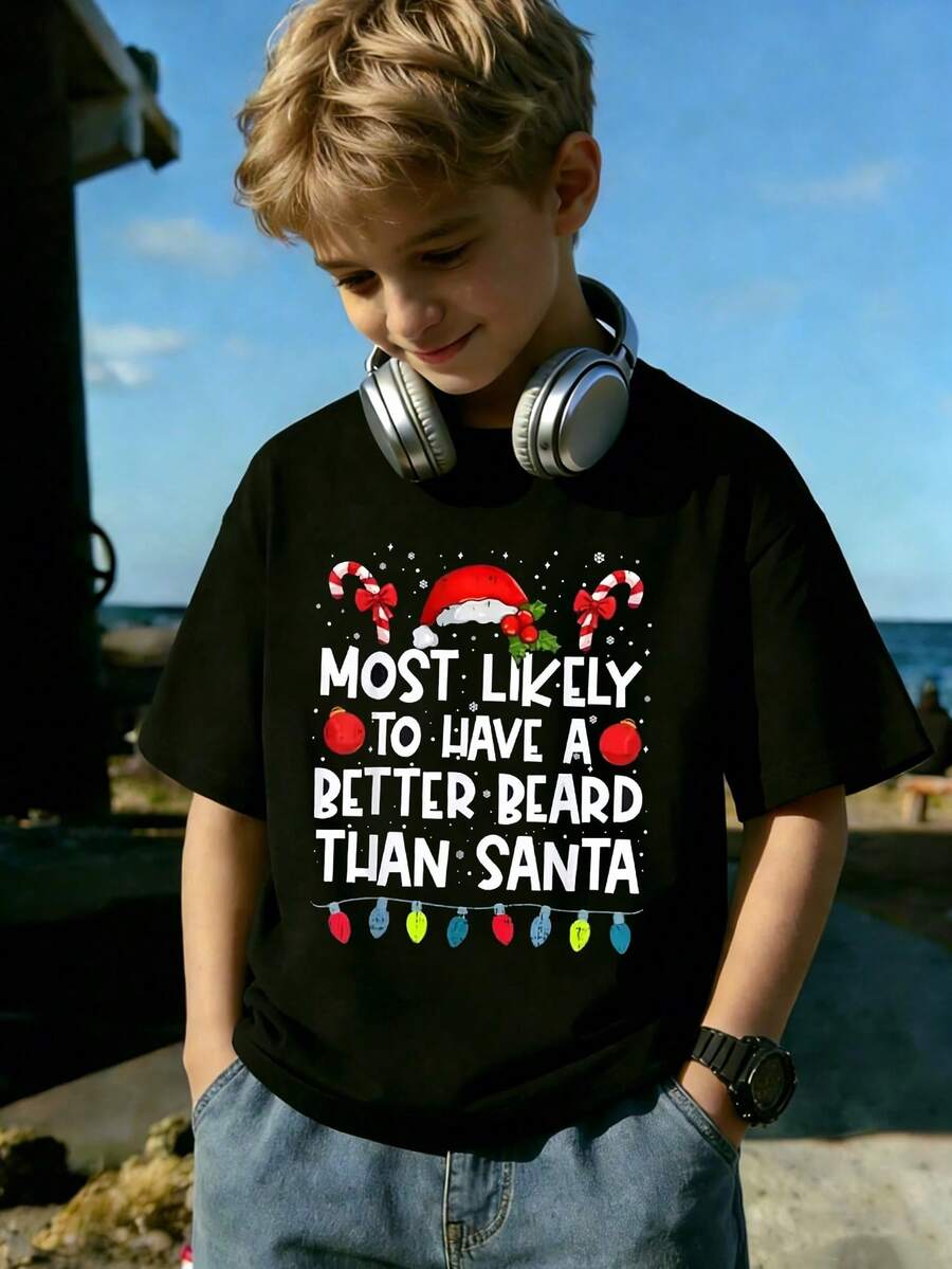 Christmas Funny Text Light String Print Teen Boys Short Sleeve T-Shirt ...