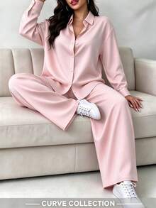 Women's Plus Size 2 Pieces Set Solid Color Casual Long Sleeve Collared Shirt Top And Loose Wide Leg Pants, Suitable For Outings, Vacations And Back To School - Pink - View 6