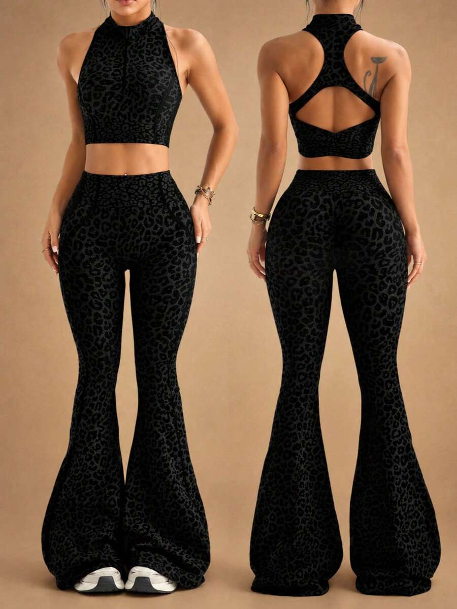2pcs Women's Seamless Half-Zip Mock Neck Racerback Cutout Sexy Back Workout Yoga Gymnastics Dance Tank Top & Flare Leggings Sports Set - Black - View 1