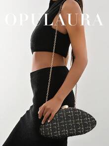 OpulAura 女款極簡貝殼盒形奢華秋冬羊毛氈晚宴手拿包，優雅迷人的晚禮服包，閃耀夜用女款手提包，雞尾酒會包，正式派對包，浪漫婚禮附鏈條手拿包 - 黑色 - 查看 9