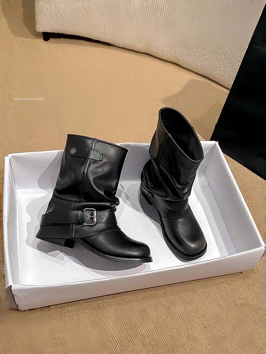 Women's Ruched Belt Buckle Ankle Boots, Vintage Round Toe Low Heel Western Boots, Distressed Motorcycle Style Mid-Calf Boots - Black - View 1