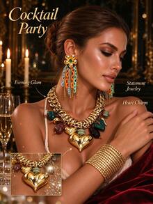 Gold Heart Exaggerated Jewelry Set, Chunky Chain Necklace, Floral Tassel Pendant Earrings And Stackable Open Cuff Bracelet, Summer Beach Party Women Accessories - Multicolor - View 3