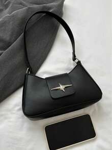 Metallic Detail Black Pu Leather Zipper Bag, Fashionable Casual & Elegant Women's Shoulder Bag - Black - View 8