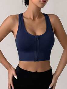 DAZY 1pc Women's Solid Color Front Zipper Sports Bra, Yoga Fitness Hollow Back Sports Bra - Navy Blue - View 3
