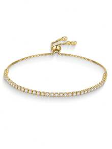 Gold-Plated Stainless Steel Cube Zirconia Tennis Bracelet With Adjustable Drawstring, Versatile Daily Accessory For Teenagers - Multicolor - View 2