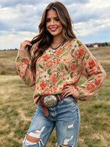 VEXHEIMA Western Style Women's Fashionable, , Floral, Colorful Print, Round-Neck, Long-Sleeve Casual Fall/Winter Sweater - Pink - View 6