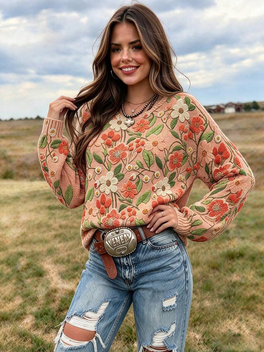 VEXHEIMA Western Style Women's Fashionable, Floral, Colorful Print, Round-Neck, Long-Sleeve Casual Fall/Winter Sweater - Pink - View 1