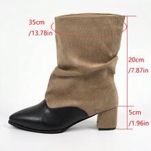 Women's New Chunky Heel Ruched Mid-Calf Boots, Plus Size Fashion Colorblock High Heel Boots - Khaki - View 6