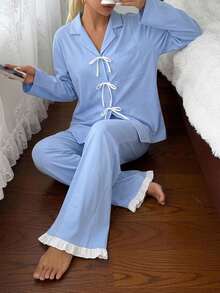DAZY 2pcs/Set Women's Loose Comfortable Breathable Long Sleeve Top + Long Pants Cute Pajama Set - Blue - View 7