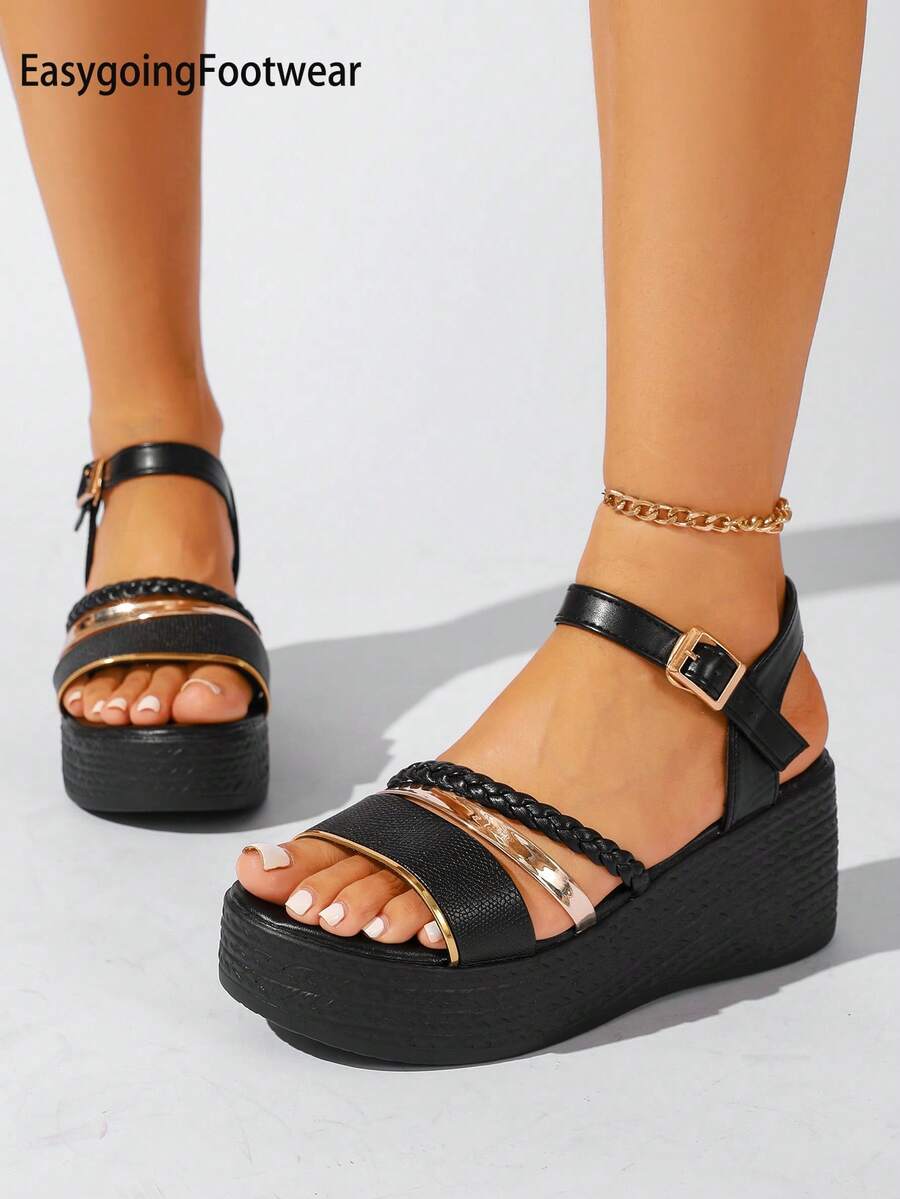 Sandal Wedges Wanita dengan Gesper Tunggal dan Sol Tebal, Anti Selip, Ringan, Nyaman, Serbaguna untuk Berbelanja, Pesta, Rok, dan Celana