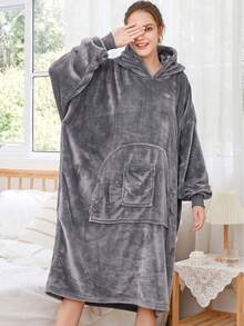 1pc Solid Color Oversize Hoodie, Flannel Soft Fleece Pullover Hoodie Robe, TV Blanket, Warm Wear, Slouchy Huggle, Mother's Day Gift - Multicolor - View 4