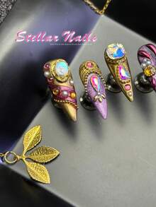 10pcs Stiletto Press On Nails,3D Luxury Colorful Rhinestone Pearl Metallic Wavy Design,Lilac Purple Gold Glitter Fall&Winter Handmade Fully Covered Fake Nails,Removable,Suitable For Party,Dance,Daily,With Jelly Glue & Nail File,Y2K Baroque Punk Nail - Lilac Purple - View 6