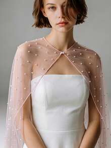 1 Pc Soft Pink Beaded Tulle Cape With Pearl Neck Clasp, Shoulder Cover Overlay For Light Wedding & Evening Gown - Multicolor - View 4