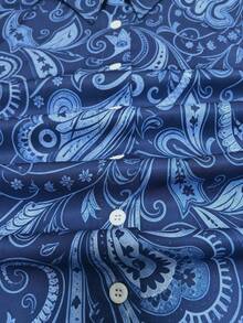 Vintage Plus Size Bohemian Paisley Print Long Sleeve Shirt Collar Women's Top, Fashionable Woven Fabric Button Front Blouse - Blue - View 3
