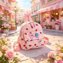 Disney Cute Stitch & Angel Strawberry Print Mini Backpack, Soft Girl Style Front Pocket Corduroy Small Backpack, Lightweight Cartoon Casual Carry Bag For Daily Outings, Suitable For Daily Walks, Picnics, Short Trips, Excellent Gift For Cartoon Lovers - A - View 11