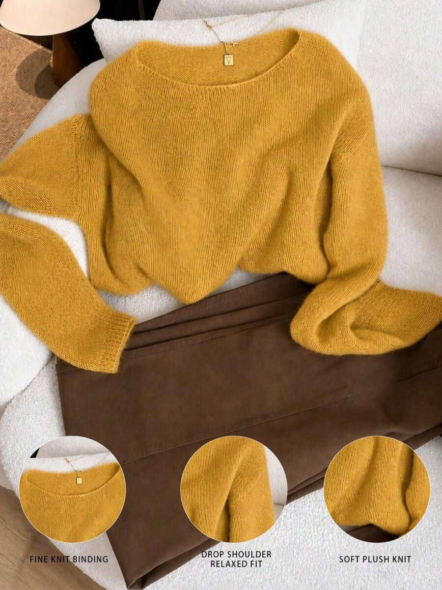 Women's Spring Autumn Off-Shoulder Knit Top Thin Sweater Versatile Fashion - Mustard Yellow - View 1