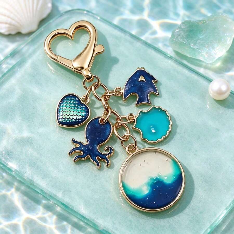 1Pc Summer Beach Keychain, Coquette Enamel Shell Pearl Starfish Charm Pendant, Aesthetic Keyring For Backpack Car, Vacation Gift For Her - Multicolor - View 1