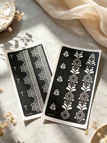 2 Sheets Floral Henna Tattoo Stencil Stickers For Foot , Color Painting Temporary Tattoo Templates, Glitter Painting Hollow Stickers For Body Art Mehndi Designs, Formulated Without Henna - View 8