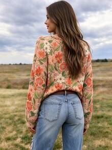 VEXHEIMA Western Style Women's Fashionable, , Floral, Colorful Print, Round-Neck, Long-Sleeve Casual Fall/Winter Sweater - Pink - View 7