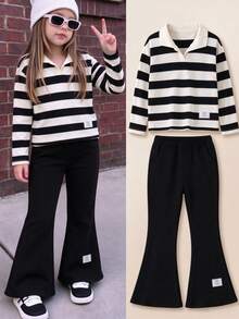 Young Girls Polo Collar Striped Long Sleeve Denim Top + Casual Flared Pants - Black - View 1