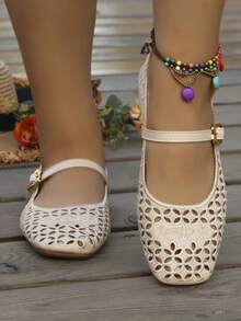 New Fashion Women's Square Toe Flat Ballet Shoes, Breathable Office & Casual Wear, Embroidered Hollow Design - Beige - View 4