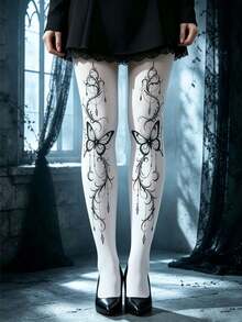 1 Pair Dark Gothic Butterfly & Vine Print Tights, Tattoo Pattern White Sheer Velvet Leggings, Subculture Personalized Outfit - Black and White - View 1