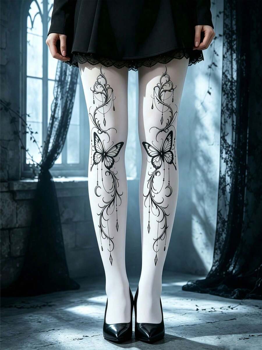 1 Pair Dark Gothic Butterfly & Vine Print Tights, Tattoo Pattern White Sheer Velvet Leggings, Subculture Personalized Outfit - Black and White - View 1