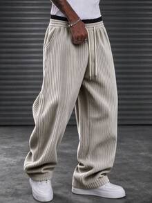 Men's Loose Wide Leg Corduroy Sweatpants, Dual Waistband Design, Drawstring Elastic Waist, Wide Ribbed Texture, Casual Street Style Loose Joggers - Beige - View 8