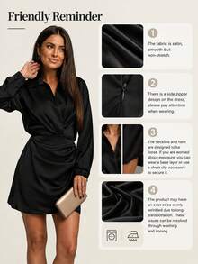 Women's Chic Fitted Short Satin Dress With Long Sleeves Collar And Unique Ruched Wrap Hem For Stylish Evenings Black Spring Elegant - Black - View 7