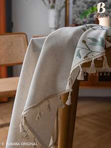 Bubaba Vintage Botanical Embroidered Tablecloth, Beige Tassel Edge, Sage Green Leaves & Golden Floral Vine Design, Rustic Farmhouse Style Linen Texture Rectangular Tablecloth, Suitable For Kitchen, Dining Room, Country Cottage And Daily Home Decor - White - View 5