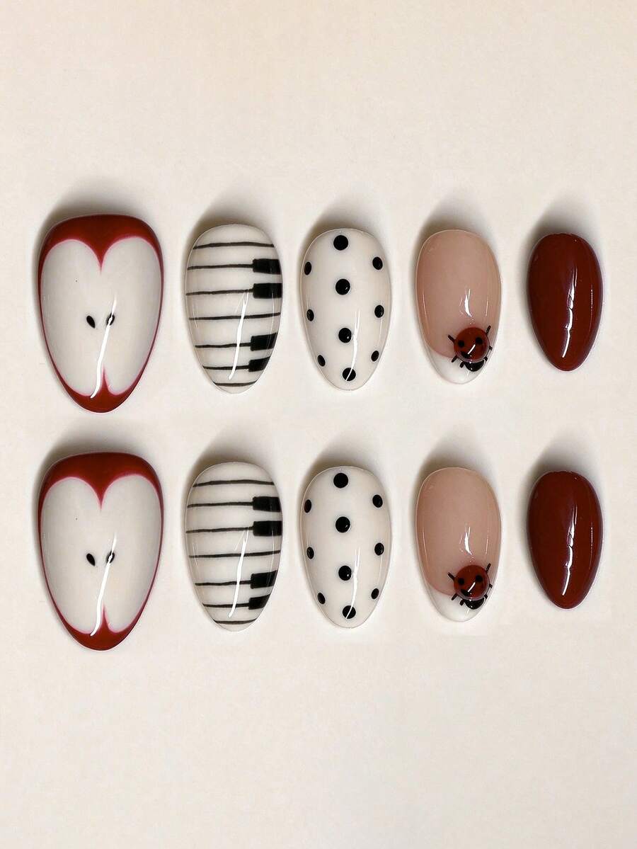 10Pcs Short Almond Press On Nails, Cute Autumn Fake Nails, Hand-Painted ...