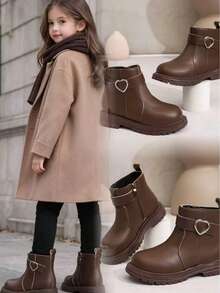 New Autumn/Winter Girls' Heart Button Ankle Boots, Classic Round Toe Soft PU Upper With Side Zipper, Thick Sole Anti-Slip Student Boots, Versatile Fashion British Style Campus And Outdoor Wear For Girls - Coffee Brown - View 9
