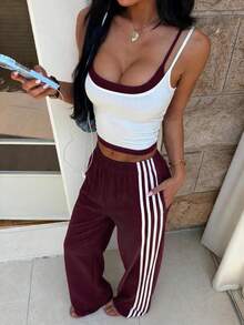 Women's Minimalist 2 Pieces Set With Camisole Top And Striped Pocket Sweatpants - Wine Red and Blue - View 5