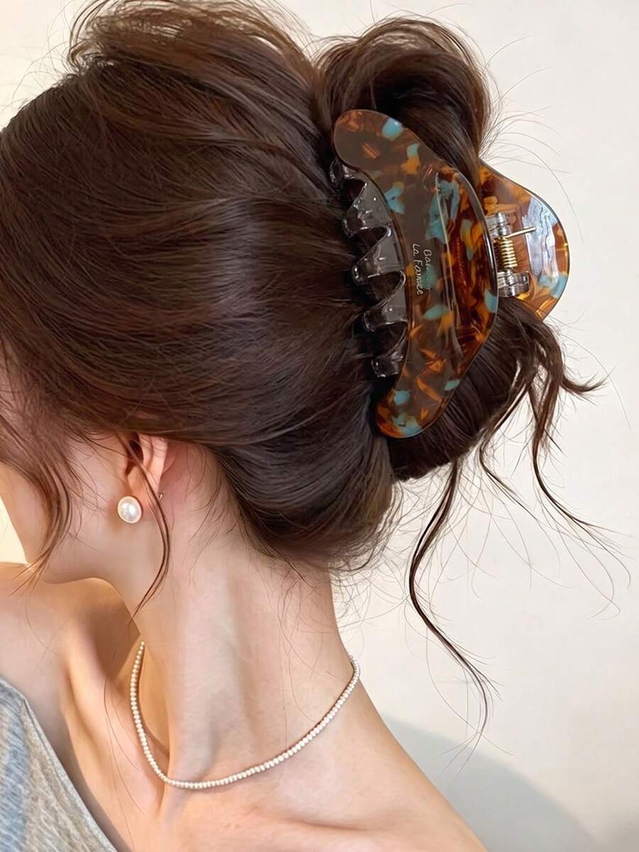 1pc Vintage Colorblock Claw Clip For Women, Versatile Back-Of-Head Hair Bun Clip, Fashionable Daily Hair Accessory