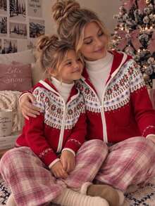 Girls' Christmas Fair Isle Pattern Hooded Cardigan Sweater With Pockets, Long Sleeve, Preppy Style, Suitable For Daily Wear, School, Outings, Spring, Autumn, Winter - Red - View 2