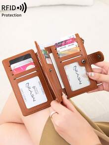 RFID Blocking Trifold Wallet For Women, Snap Button Purse, Zipper Coin ...