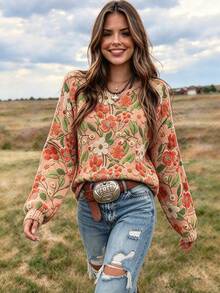 VEXHEIMA Western Style Women's Fashionable, , Floral, Colorful Print, Round-Neck, Long-Sleeve Casual Fall/Winter Sweater - Pink - View 2
