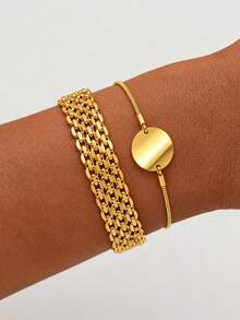 2pcs Gold Bracelet Set, 5 Row Chain & Round Disc Charm Bracelet, 18K Gold Plated Stainless Steel, Simple Layering Jewelry For Women, Gift Idea - Multicolor - View 2