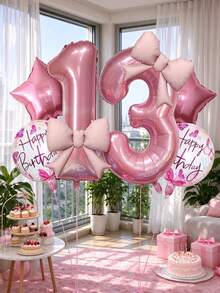 6pcs Pink Number Foil Balloon Set, 32 Inch Mylar Number Balloons With Bow Decoration, Happy Birthday And Star Balloons, Suitable For Girls Birthday, Baby Shower, Anniversary Background Decoration - Number Balloon Set - View 4