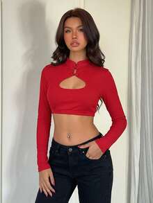 Women's Red Frog Button Waist-Exposing Sexy Party Date Casual Daily Top - Red - View 3