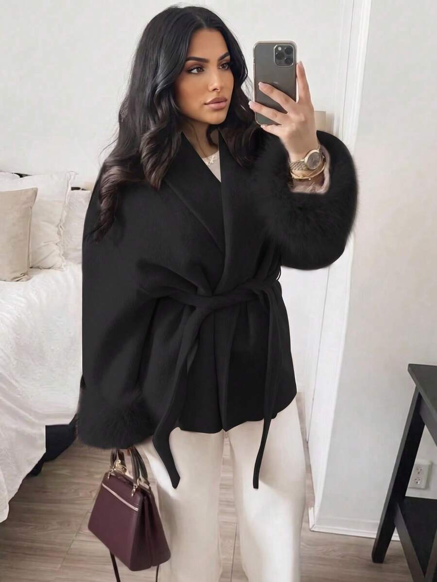 Minimalist Casual Chic Commuter Wool Blend Long Sleeve Coat, Solid Color Faux Shearling Patchwork Women's Jacket Black Fall
