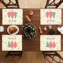 4Pcs Christmas Table Placemat FA LA LA Letter Colorful Christmas Tree Print Table Mat Holiday Decorative Table Linen For Home Kitchen Dining Party - Pink - View 1