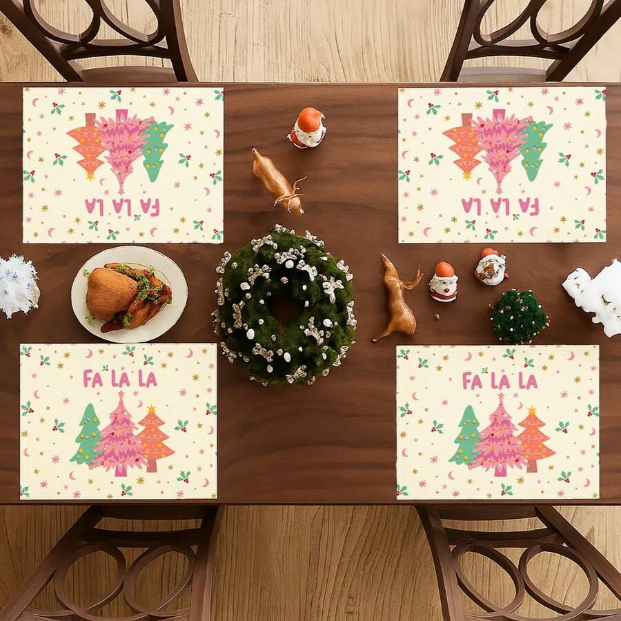 4Pcs Christmas Table Placemat FA LA LA Letter Colorful Christmas Tree Print Table Mat Holiday Decorative Table Linen For Home Kitchen Dining Party - Pink - View 1